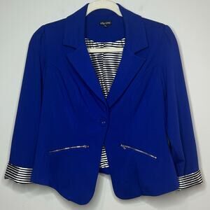 City Chic Blue Jacket Blazer Size S (16) Striped Lining Rolled Cuffs